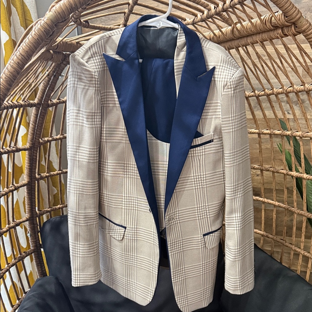 Men's Cream and Blue Plaid Blazer